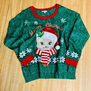 Ugly Christmas Size XL Green Knit Cat Sweater Women’s Tops